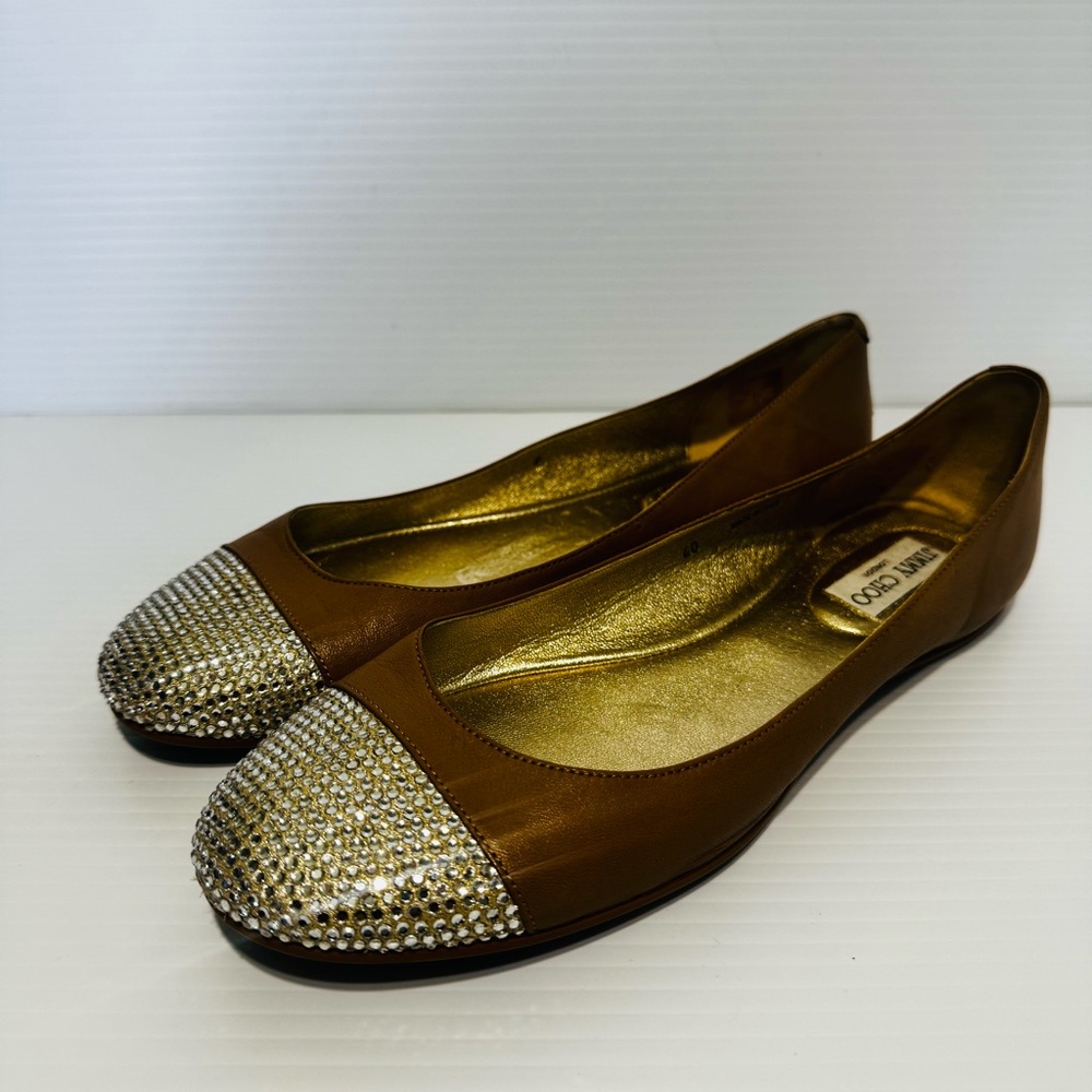 Jimmy Choo Nude Leather Crystal Toe Ballet Flats Size 40 - Picture 2 of 14